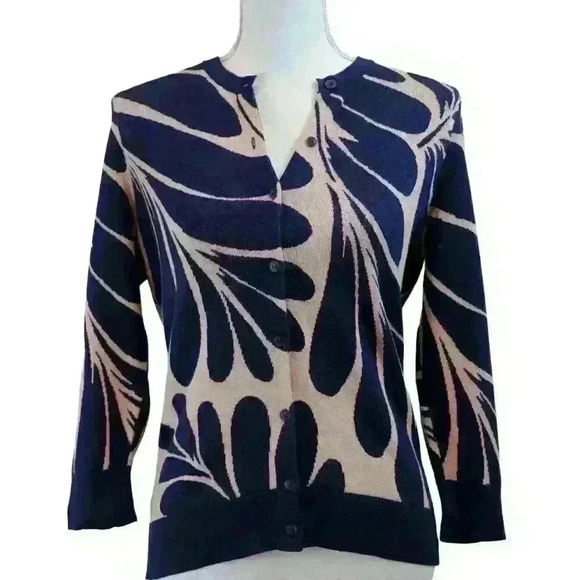 Ann Taylor Sweaters - Ann Taylor Beige and Navy Blue Palm Frond Design Cardigan in Size Small Petite